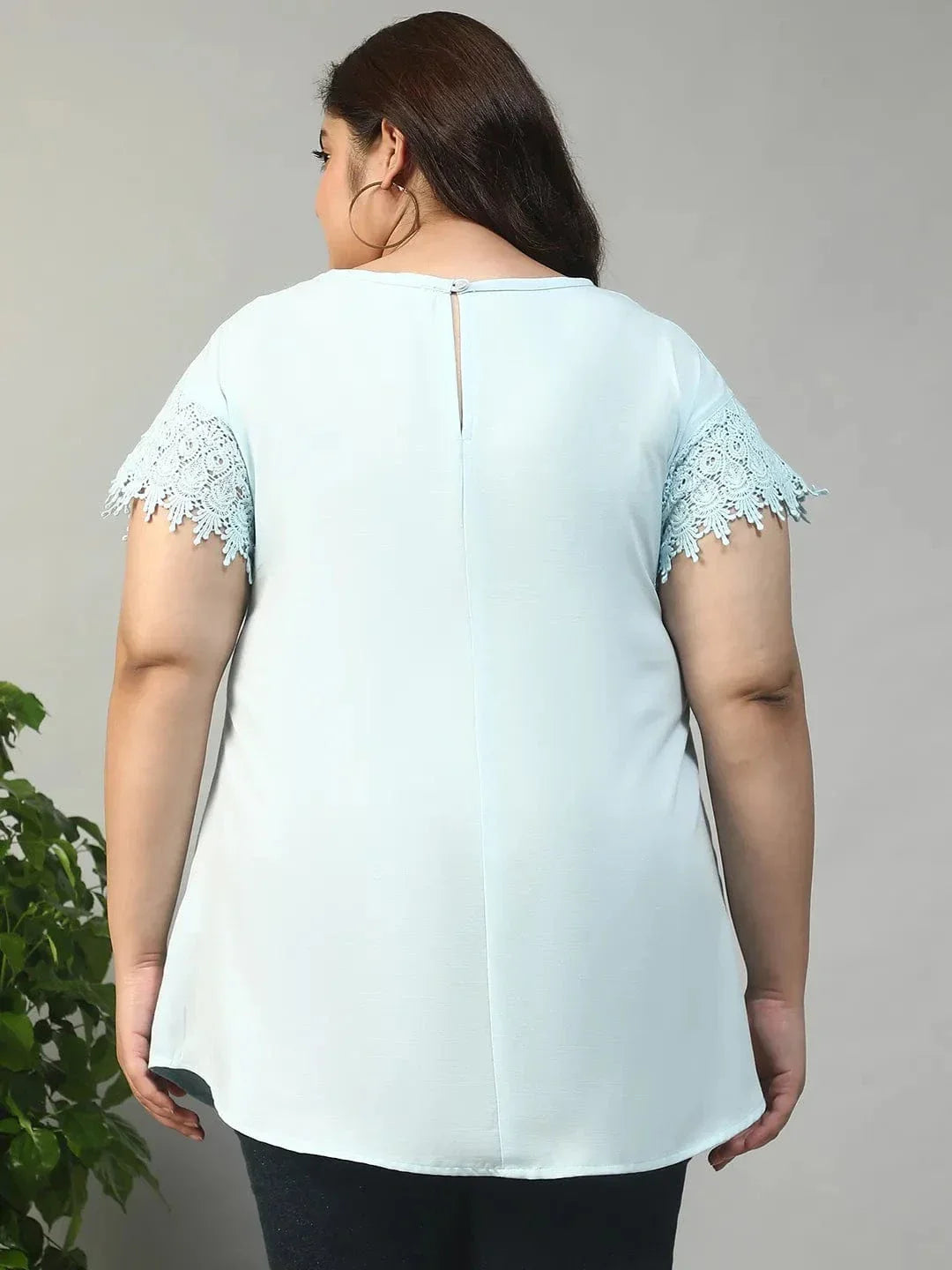 Hey Blue Key Hole Neck Short Lace Detail Sleeve Plus Size Women Top - oxolloxo