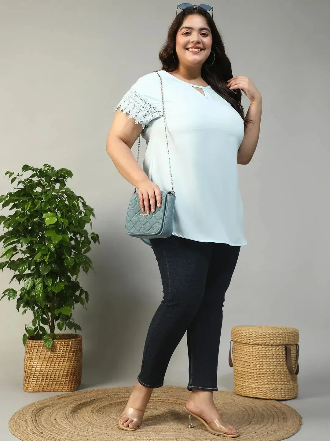 Hey Blue Key Hole Neck Short Lace Detail Sleeve Plus Size Women Top - oxolloxo