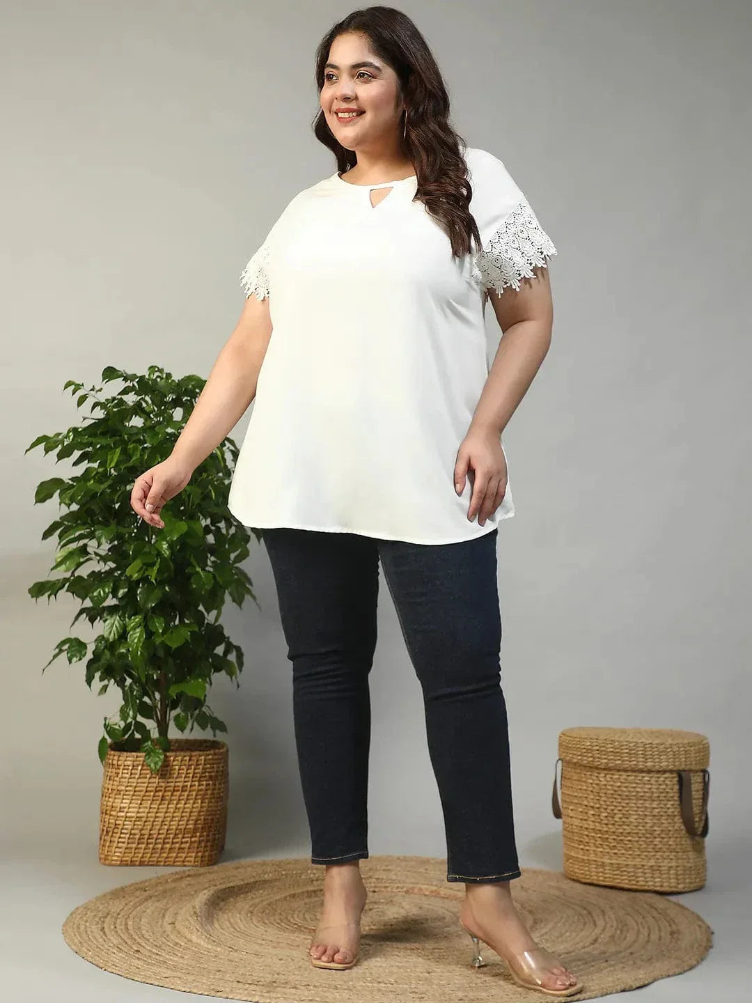 Mega White Key Hole Neck Short Lace Detail Sleeves Plus Size Women Top - oxolloxo