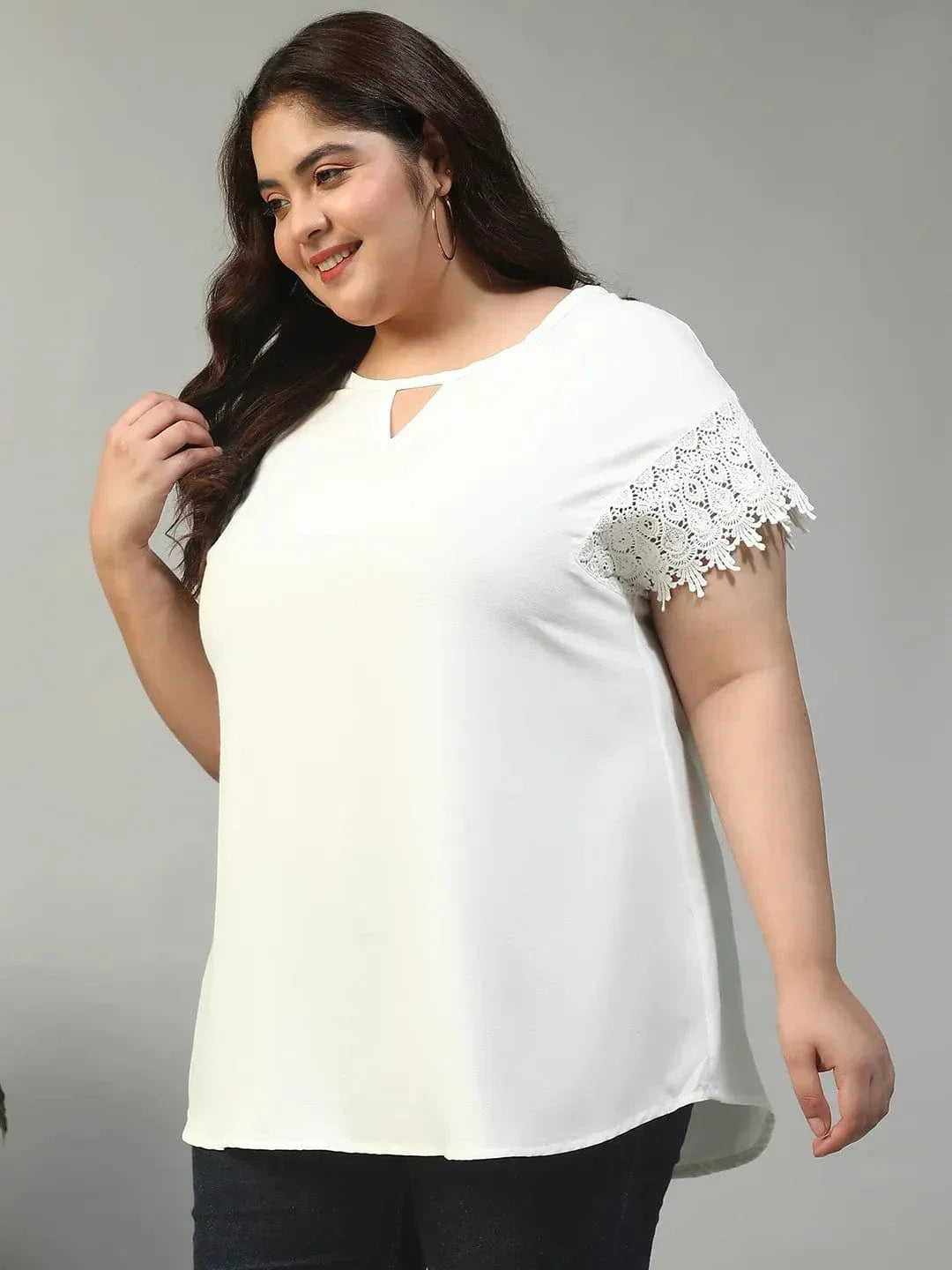 Mega White Key Hole Neck Short Lace Detail Sleeves Plus Size Women Top - oxolloxo