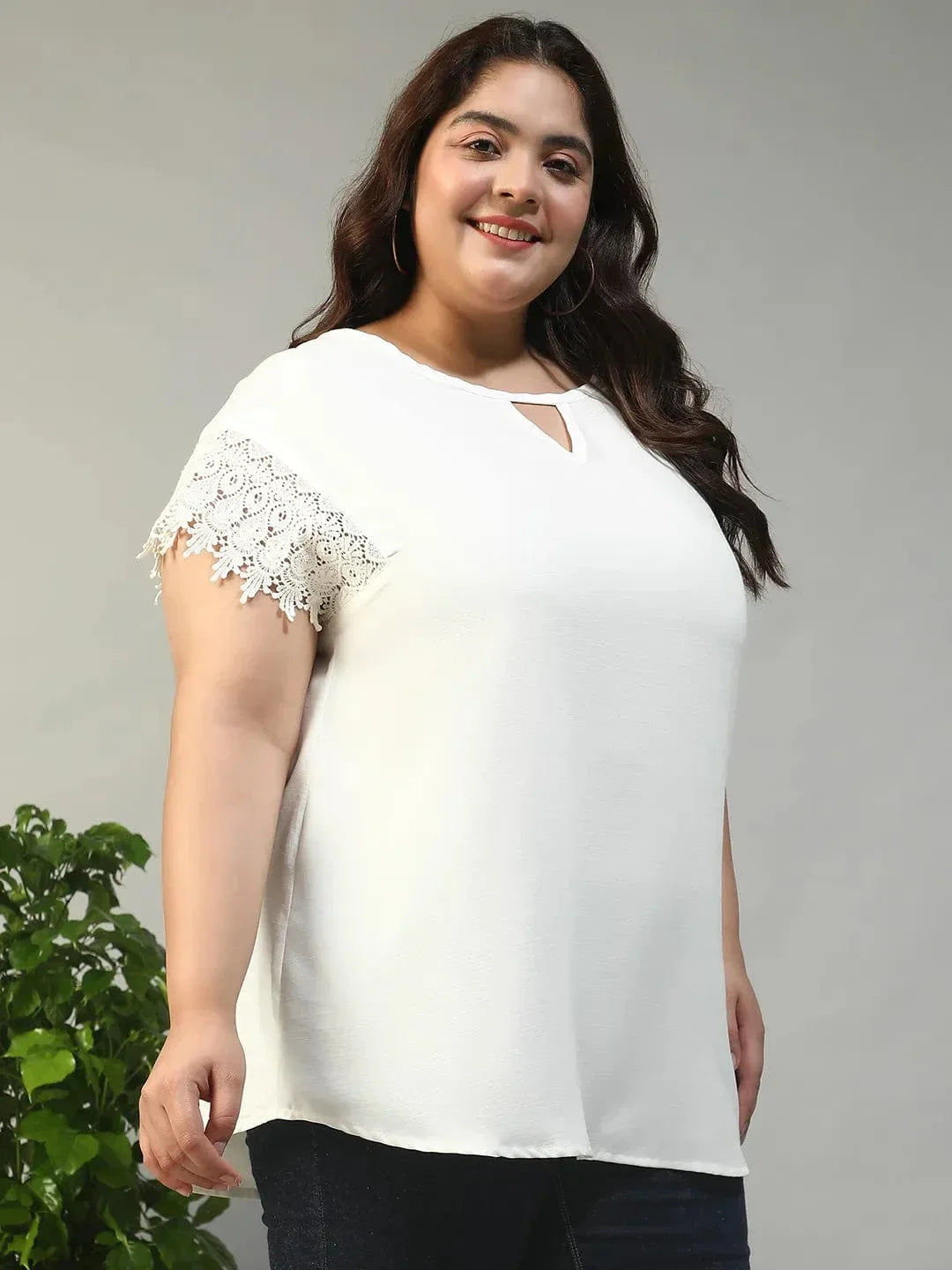 Mega White Key Hole Neck Short Lace Detail Sleeves Plus Size Women Top - oxolloxo
