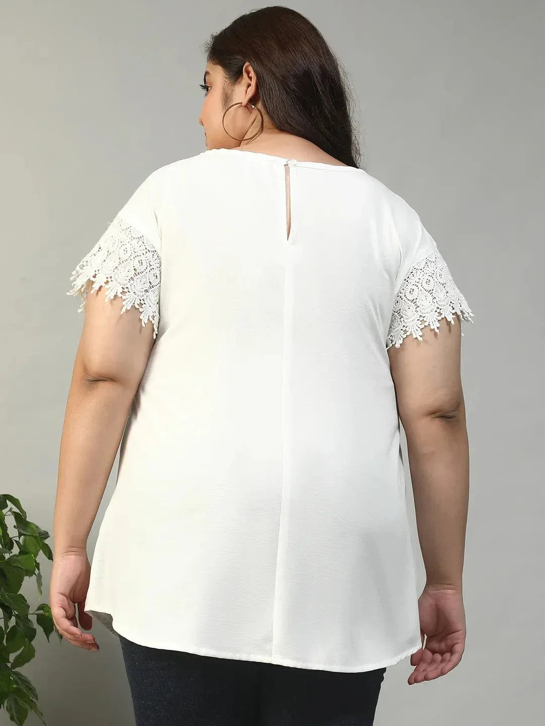 Mega White Key Hole Neck Short Lace Detail Sleeves Plus Size Women Top - oxolloxo