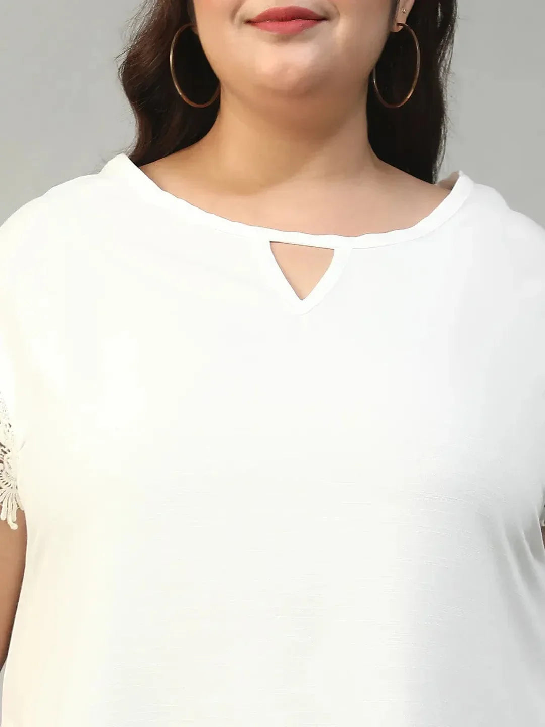 Mega White Key Hole Neck Short Lace Detail Sleeves Plus Size Women Top - oxolloxo