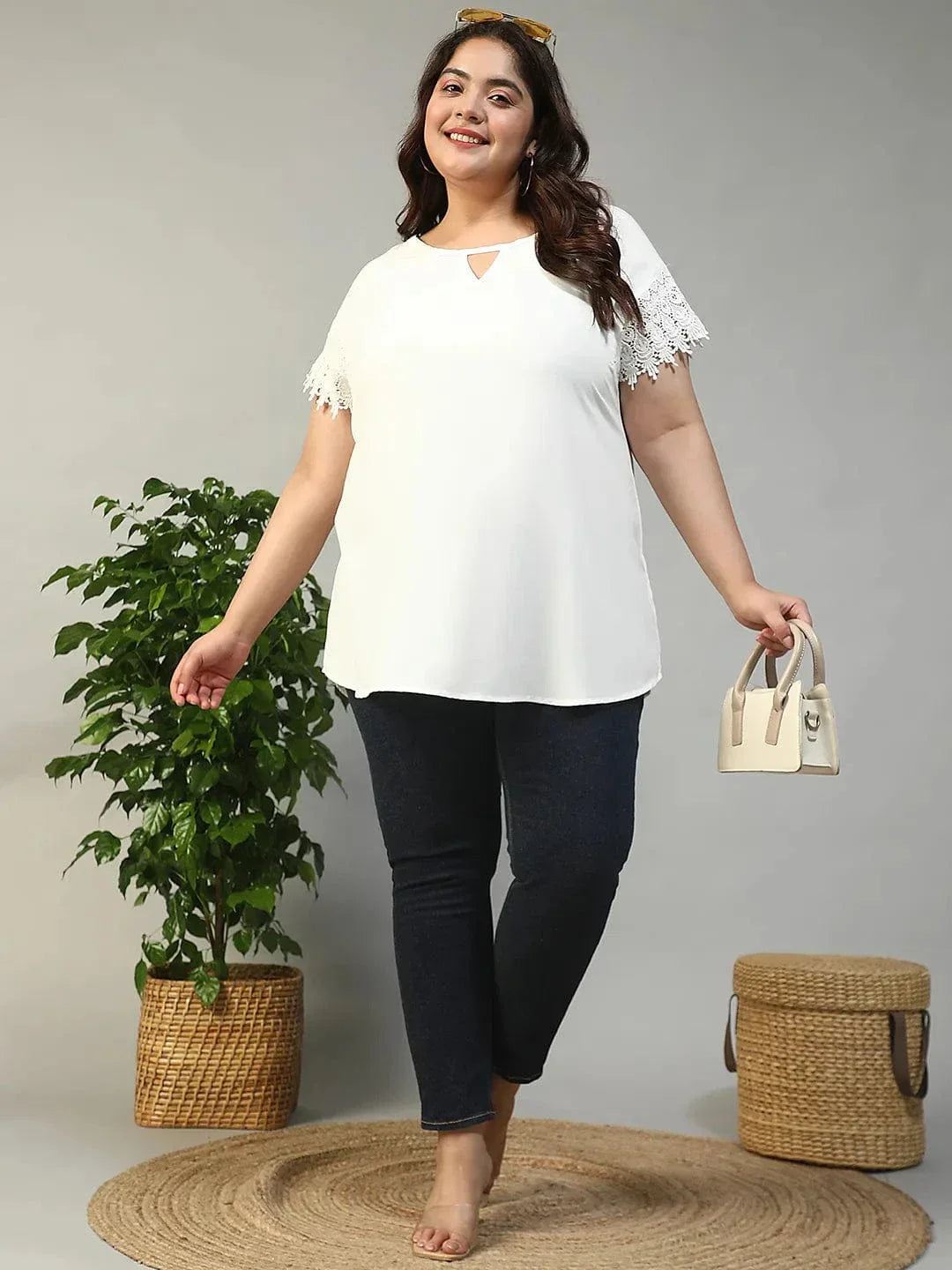 Mega White Key Hole Neck Short Lace Detail Sleeves Plus Size Women Top - oxolloxo