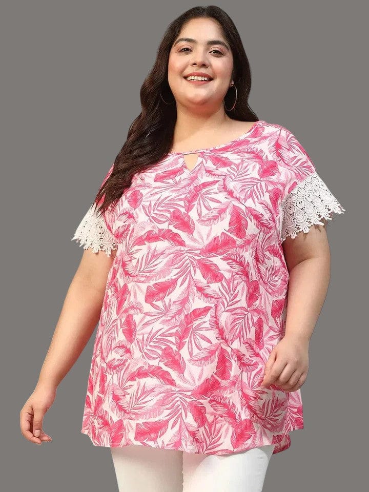 Plus size pink tropical print top with keyhole neck and lace sleeves