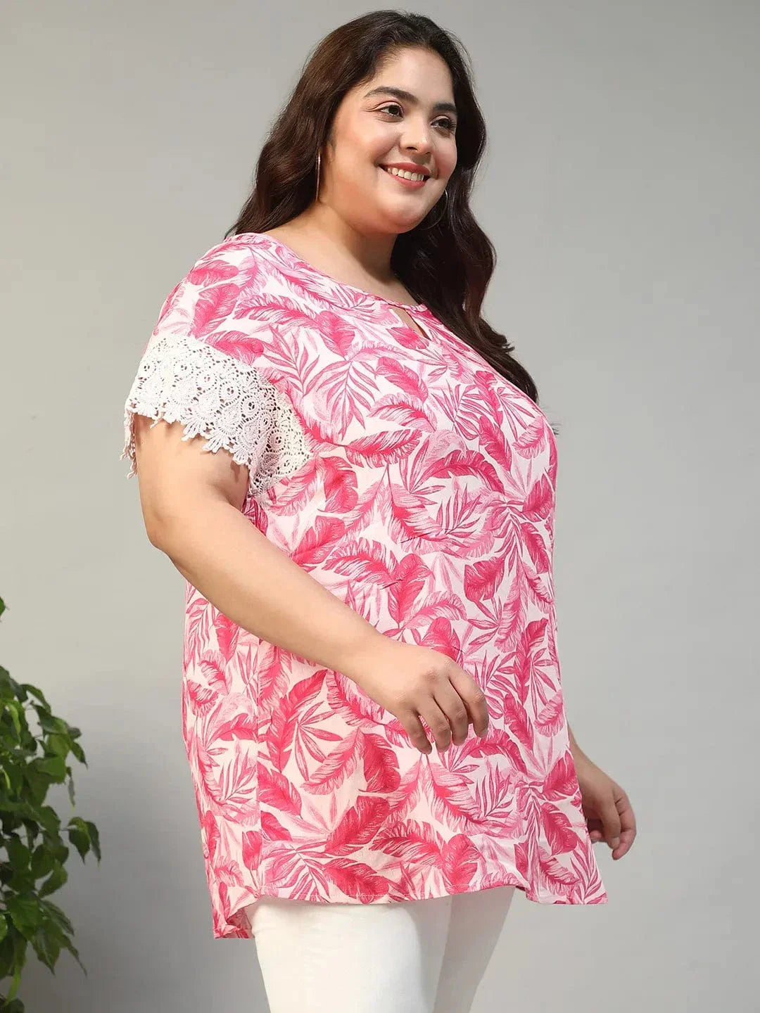 Plus size pink tropical print top with keyhole neck and lace sleeves, photo 7