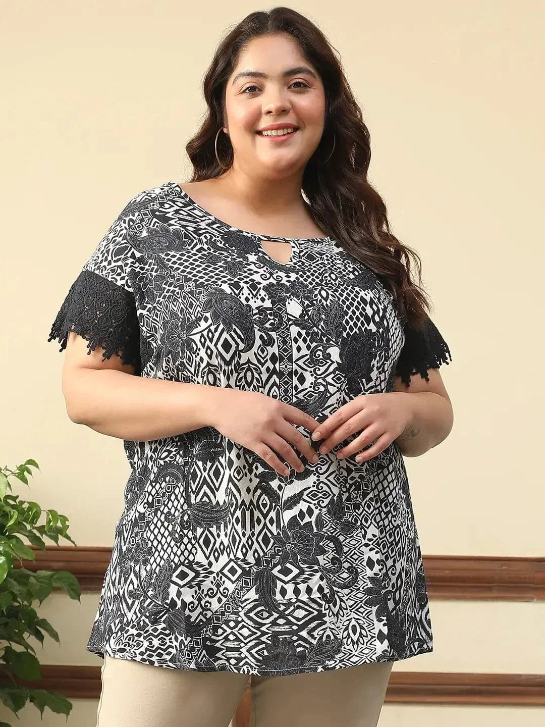 Ramp Black Floral Print Key Hole Neck Short Lace Detail Sleeves Plus Size Women Top - oxolloxo