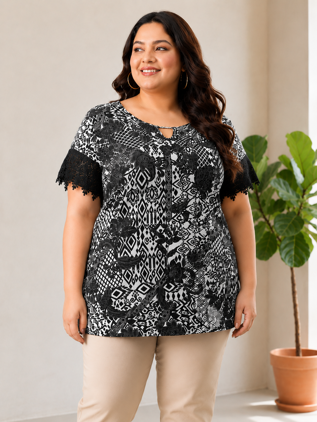 Plus Size Black Floral Printed Top