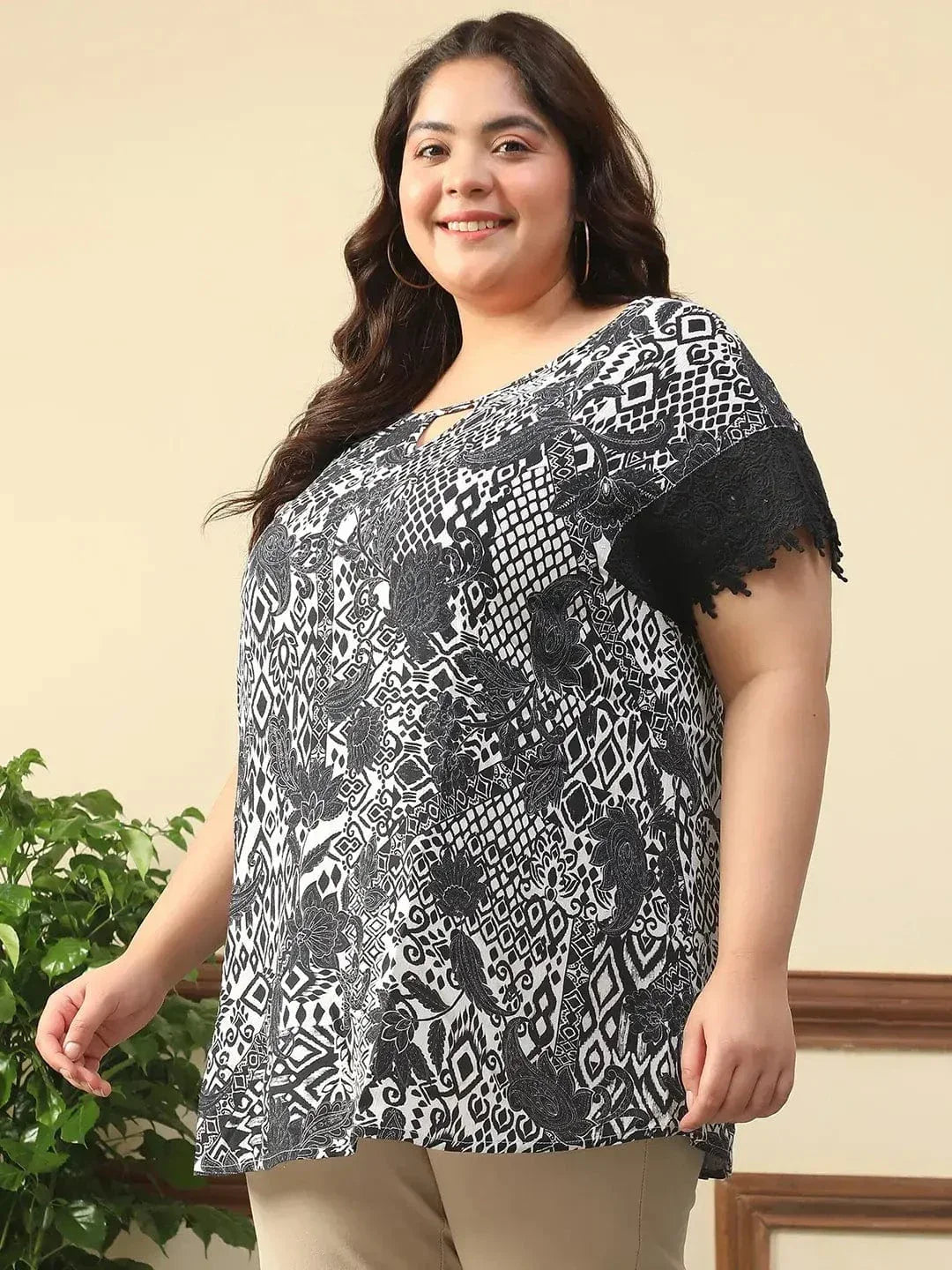 Ramp Black Floral Print Key Hole Neck Short Lace Detail Sleeves Plus Size Women Top - oxolloxo