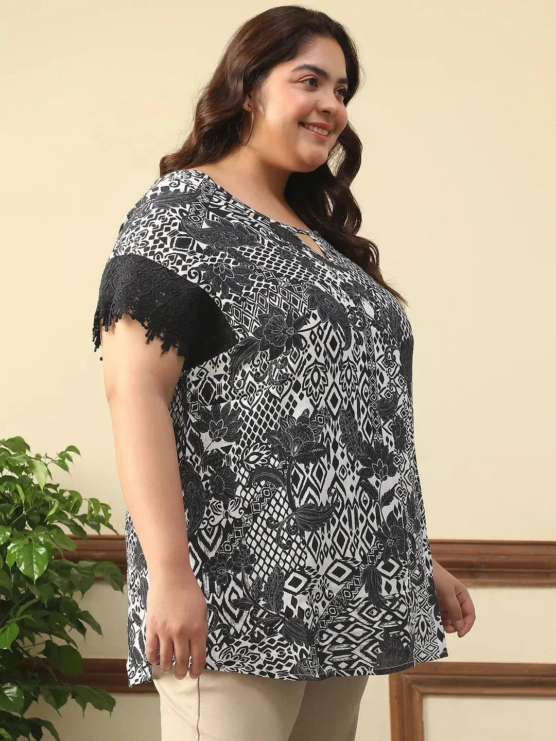 Ramp Black Floral Print Key Hole Neck Short Lace Detail Sleeves Plus Size Women Top - oxolloxo