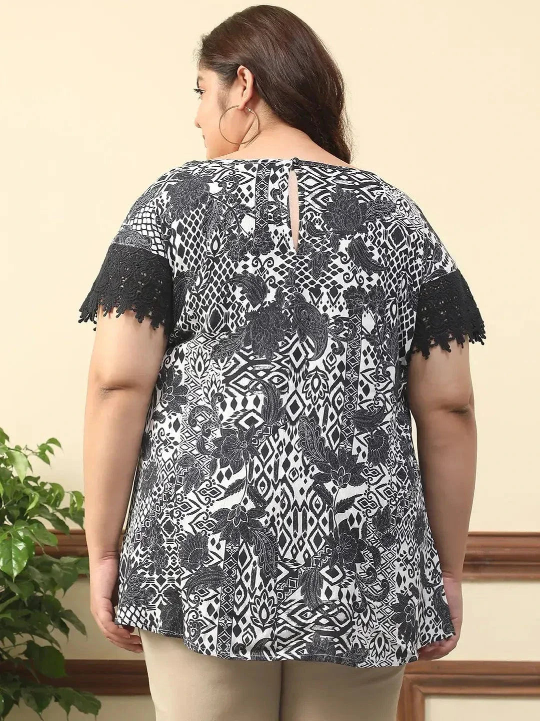 Ramp Black Floral Print Key Hole Neck Short Lace Detail Sleeves Plus Size Women Top - oxolloxo