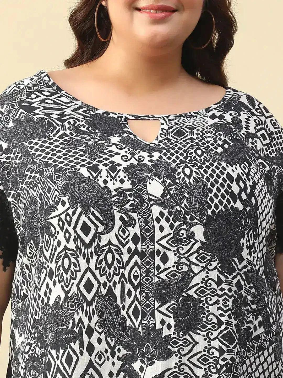 Ramp Black Floral Print Key Hole Neck Short Lace Detail Sleeves Plus Size Women Top - oxolloxo