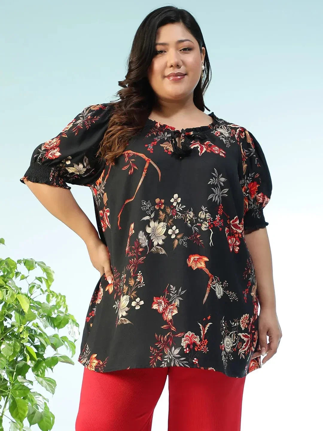Plus size black floral ruffle top with tie-up tassels, photo 2