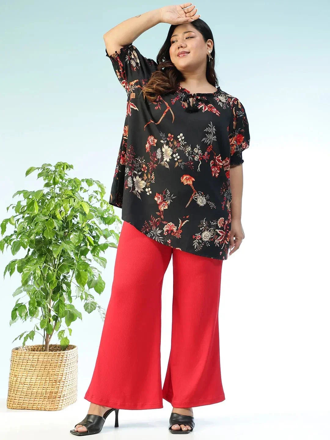 Plus size black floral ruffle top with tie-up tassels, photo 3