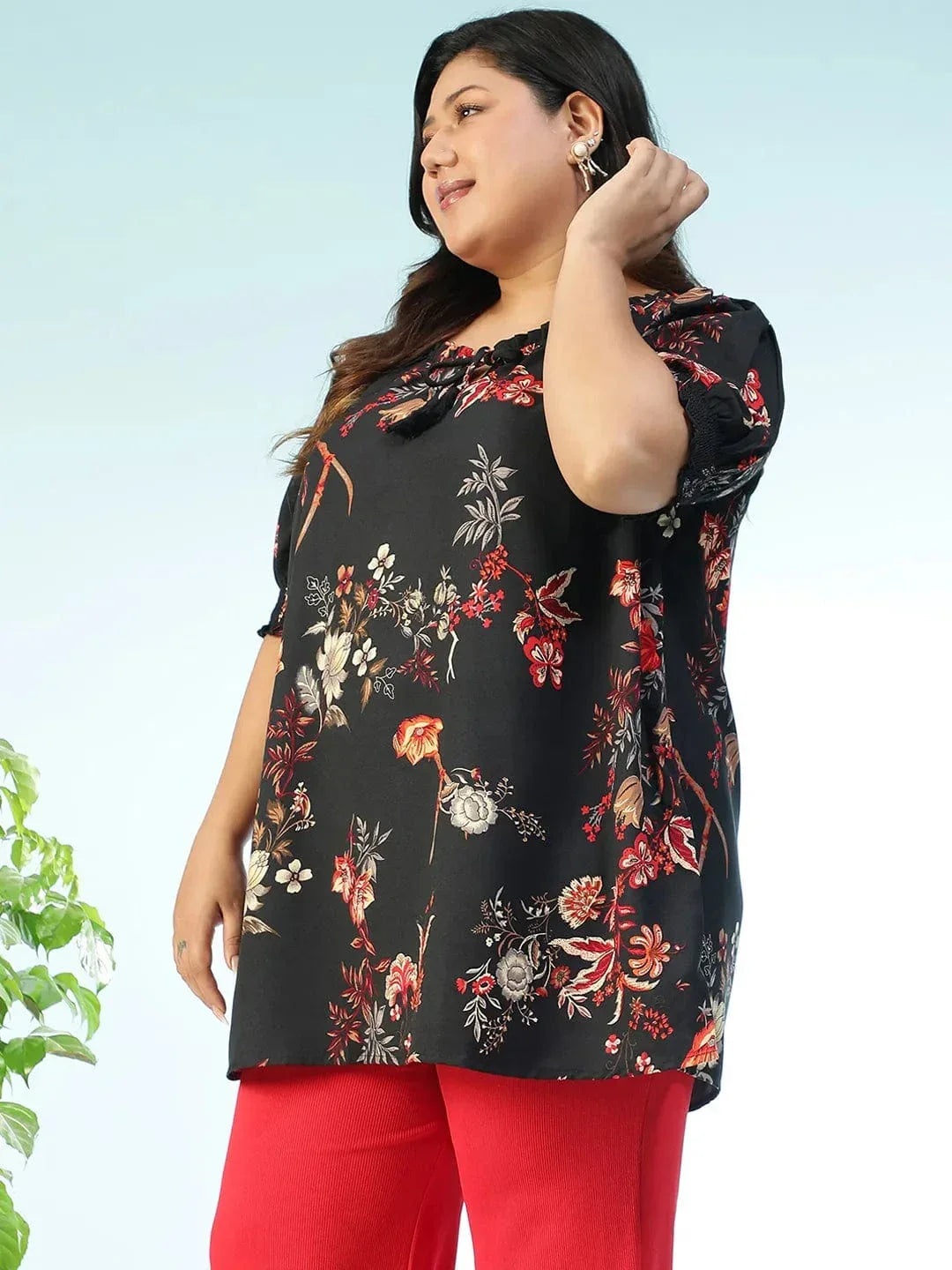 Plus size black floral ruffle top with tie-up tassels, photo 4