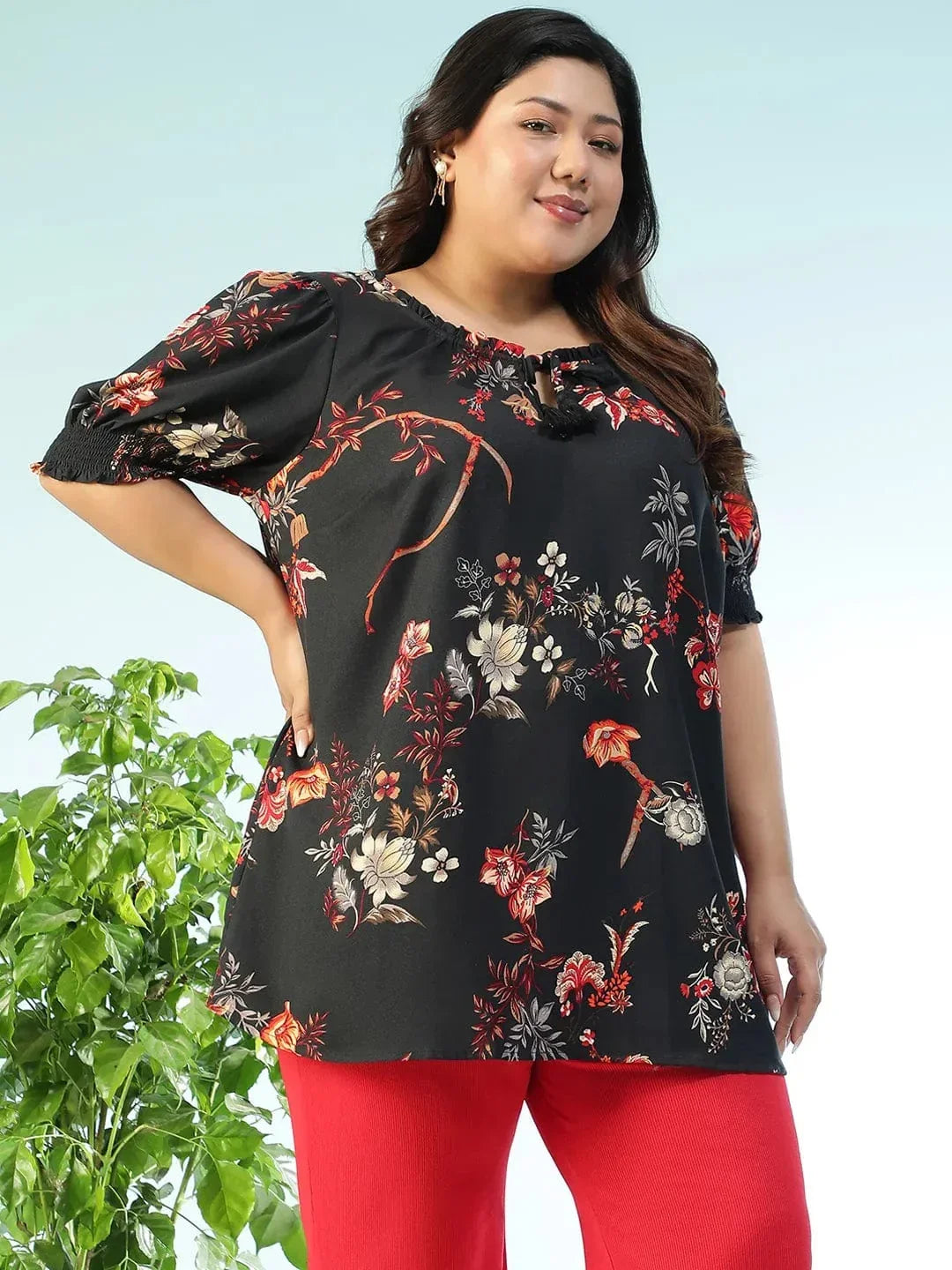 Plus size black floral ruffle top with tie-up tassels, photo 5