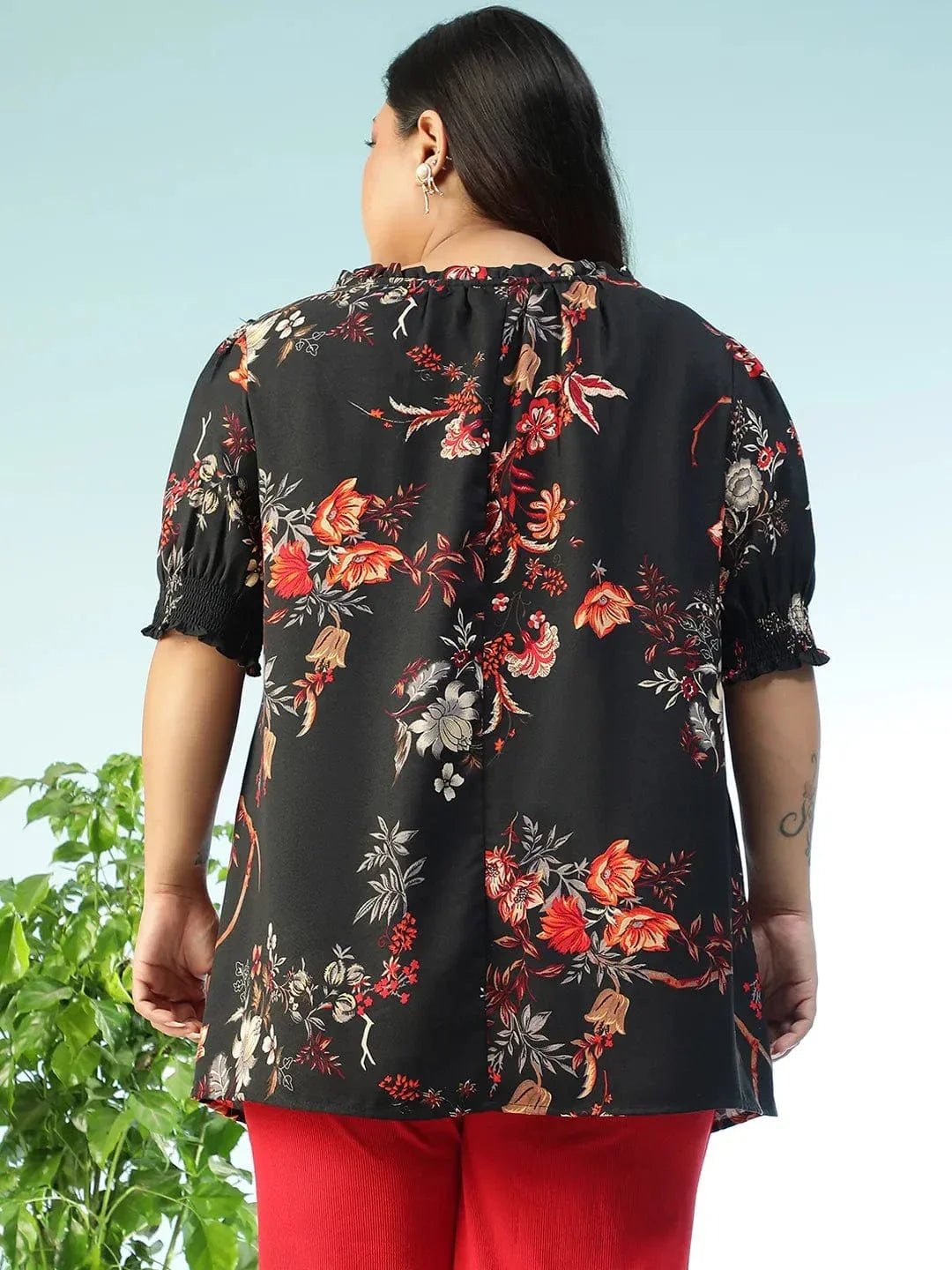 Plus size black floral ruffle top with tie-up tassels, photo 6