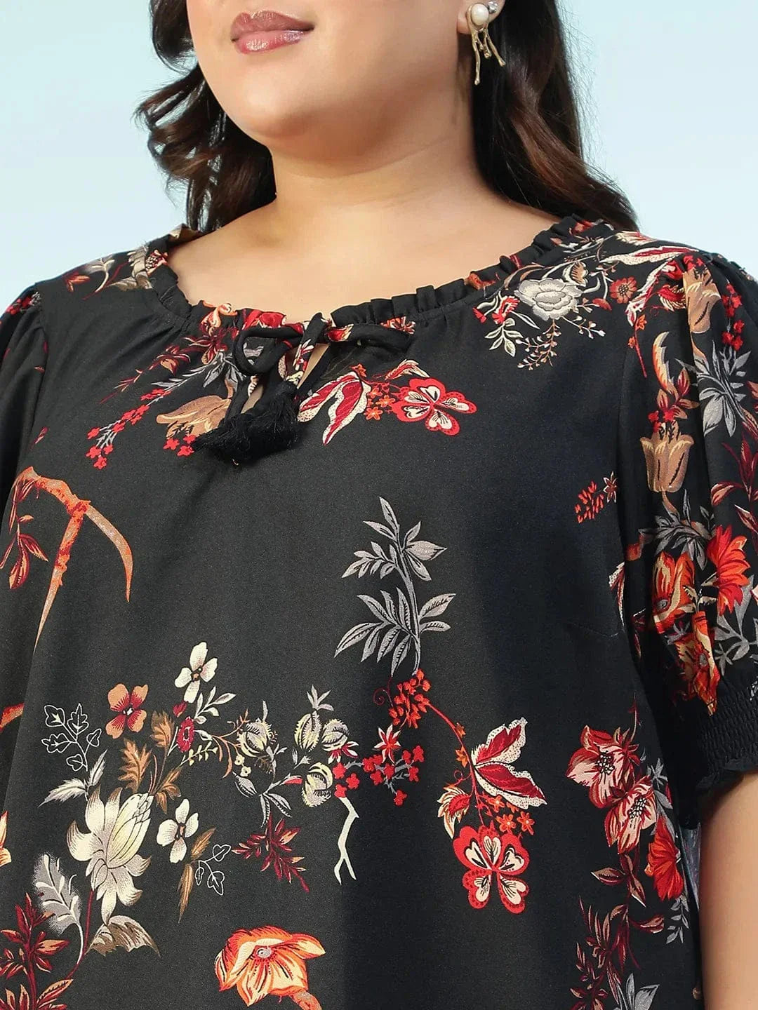 Plus size black floral ruffle top with tie-up tassels, photo 7
