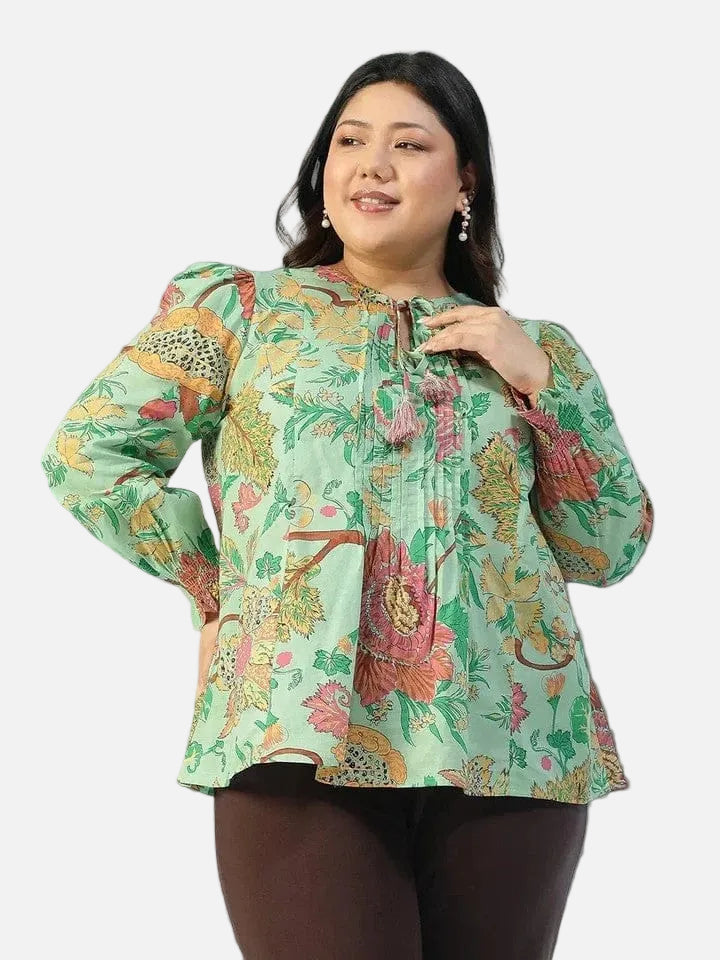 Plus size multicolour floral long sleeve cotton top with tassels