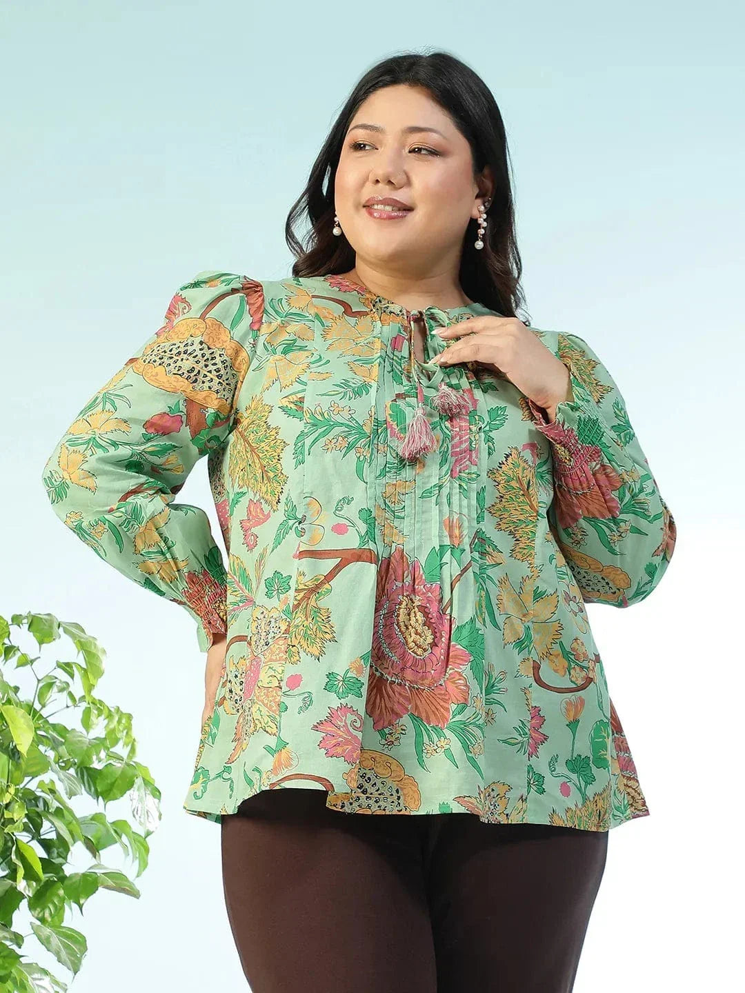 Plus size multicolour floral long sleeve cotton top with tassels, photo 3