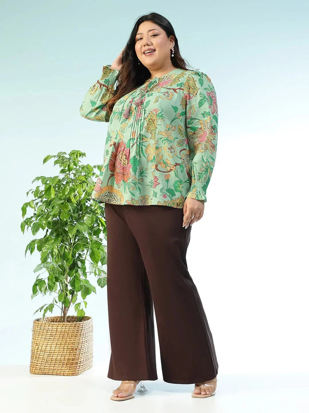 Plus size multicolour floral long sleeve cotton top with tassels, photo 8
