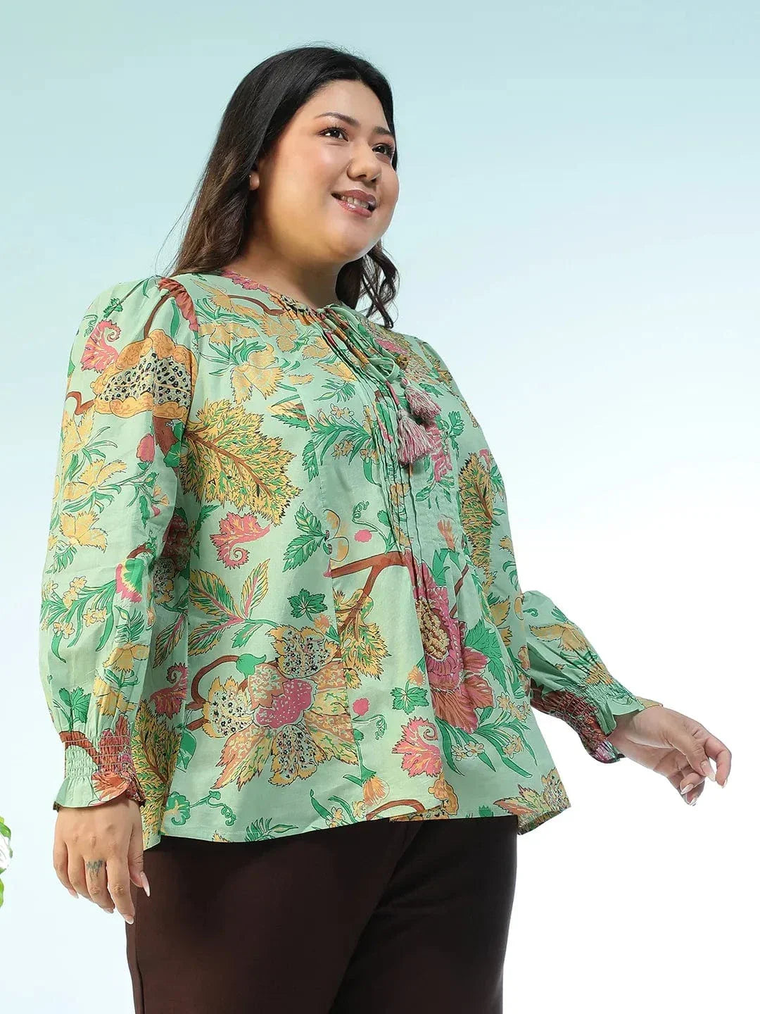 Plus size multicolour floral long sleeve cotton top with tassels, photo 5