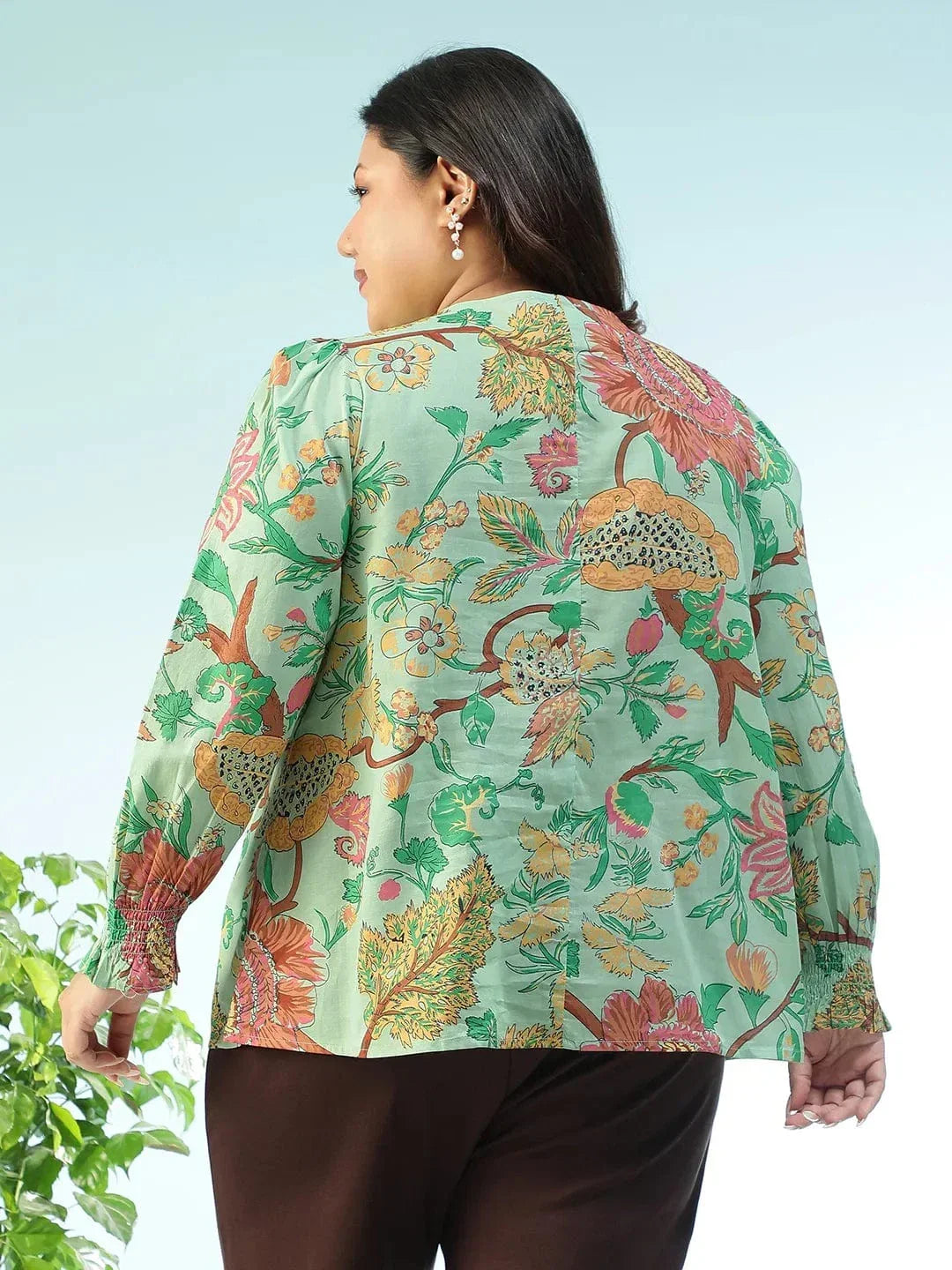 Plus size multicolour floral long sleeve cotton top with tassels, photo 6