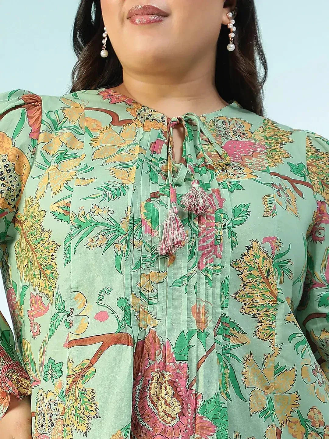 Plus size multicolour floral long sleeve cotton top with tassels, photo 2