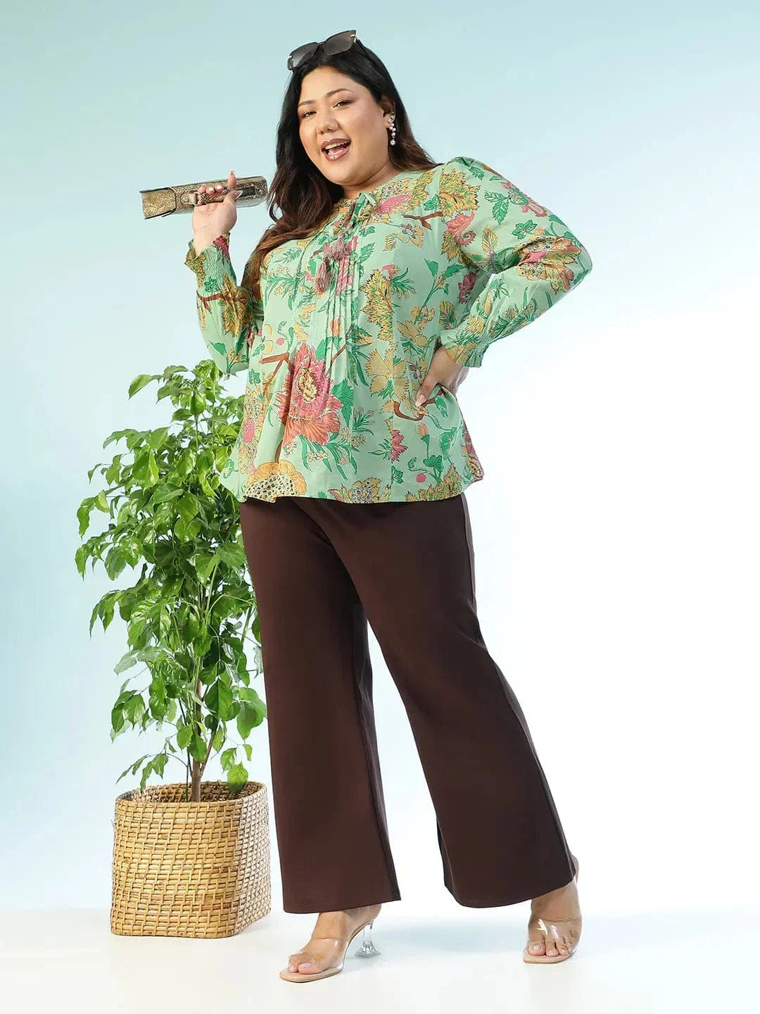 Plus size multicolour floral long sleeve cotton top with tassels, photo 7