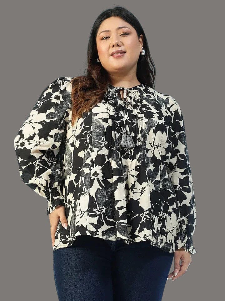 Plus size black floral long sleeve top with tie-up tassels