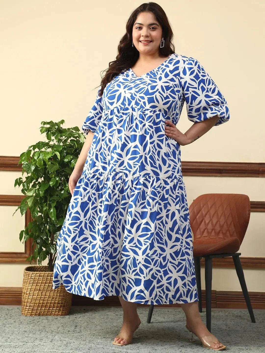 bare-blue-floral-print-short-balloon-sleeve-plus-size-women-long-maxi-dress