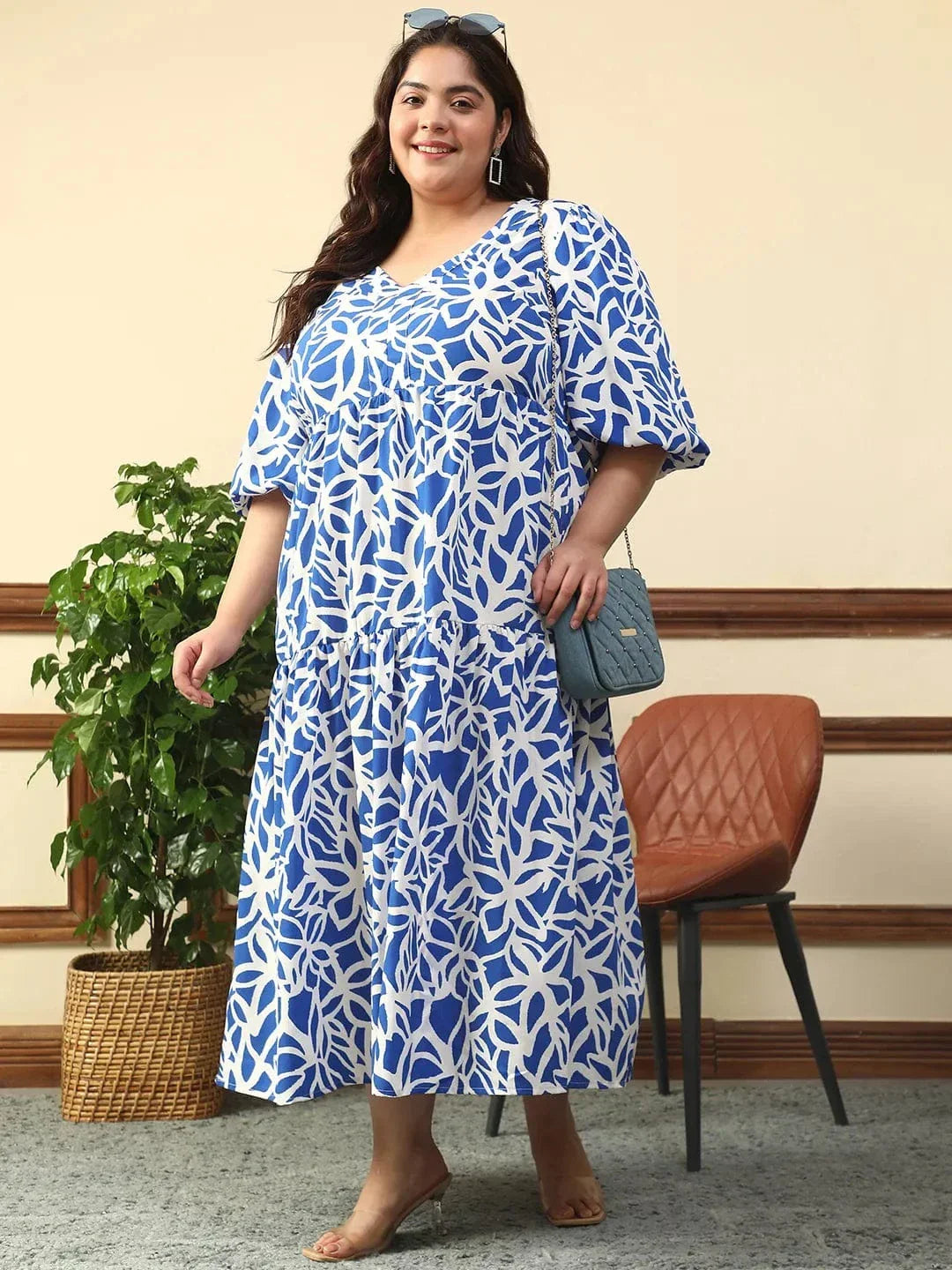 bare-blue-floral-print-short-balloon-sleeve-plus-size-women-long-maxi-dress