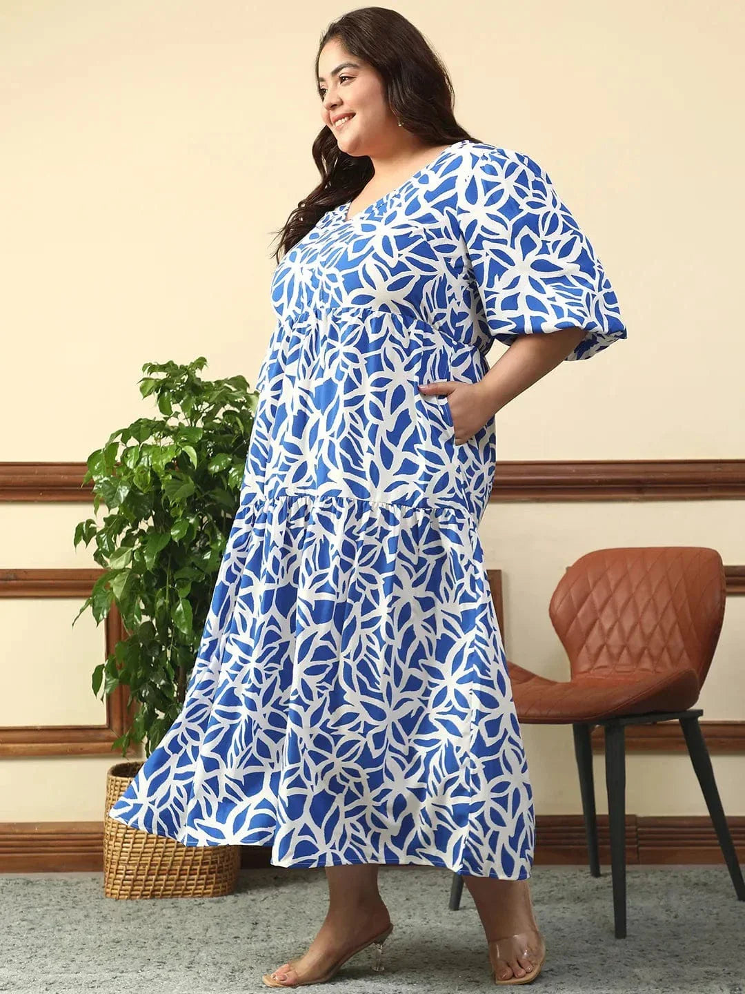 bare-blue-floral-print-short-balloon-sleeve-plus-size-women-long-maxi-dress