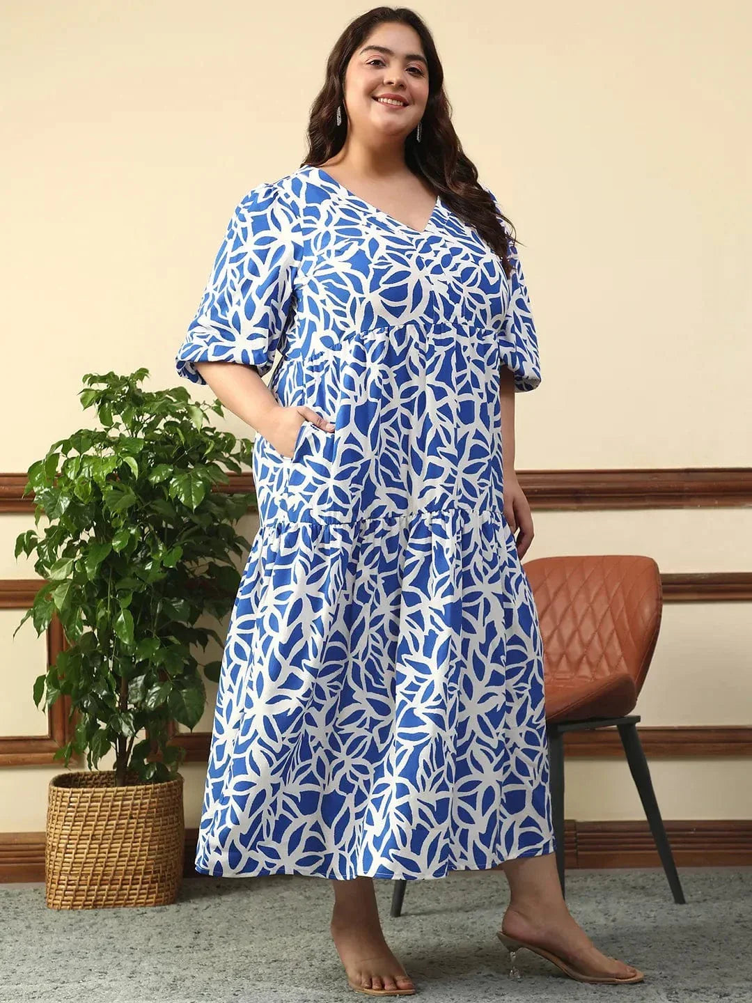 bare-blue-floral-print-short-balloon-sleeve-plus-size-women-long-maxi-dress