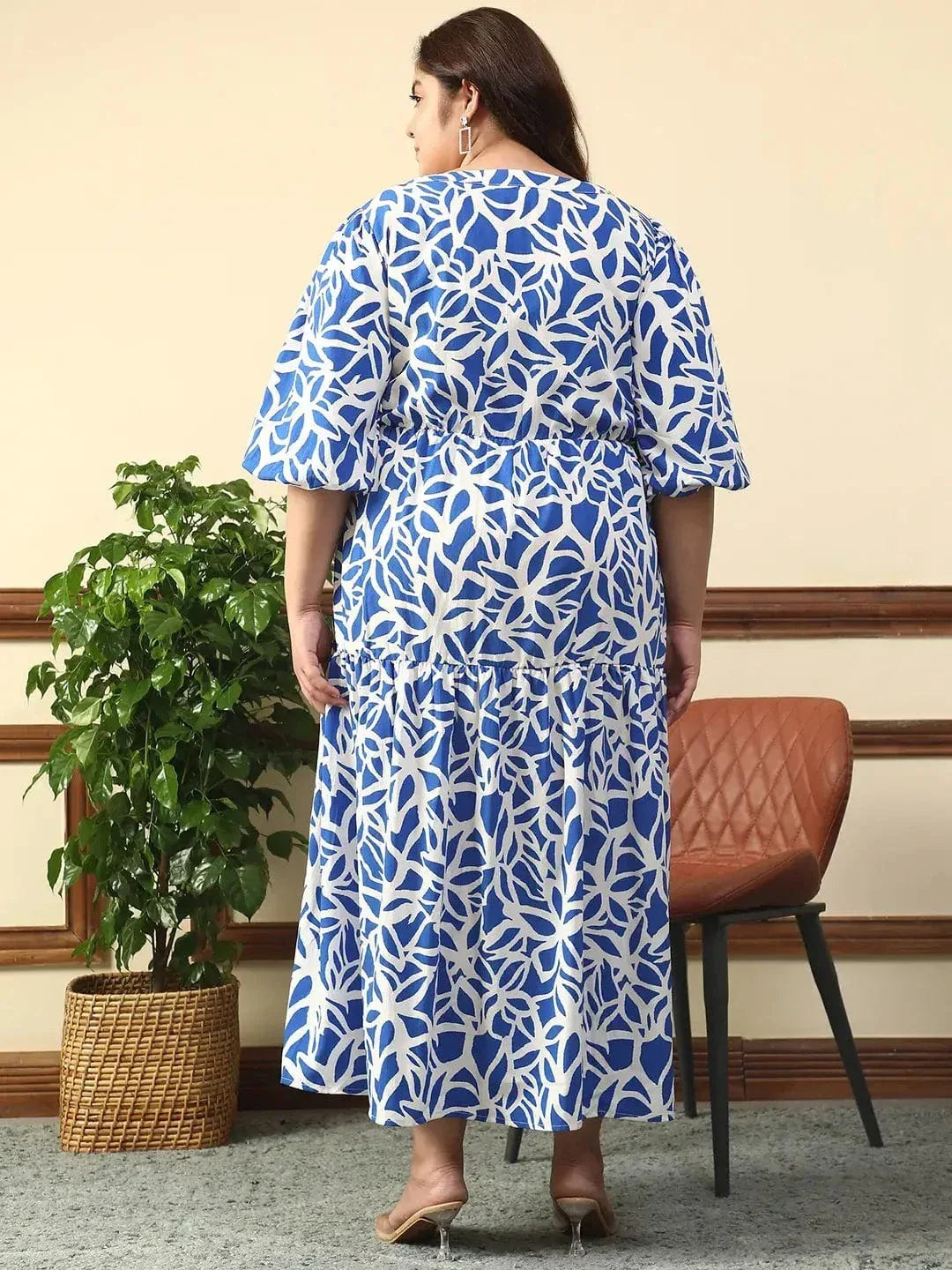 bare-blue-floral-print-short-balloon-sleeve-plus-size-women-long-maxi-dress