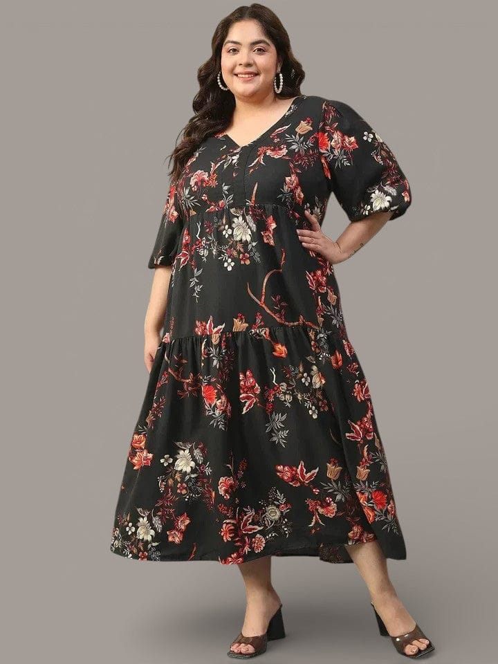 Plus Size Black Floral Print Dress