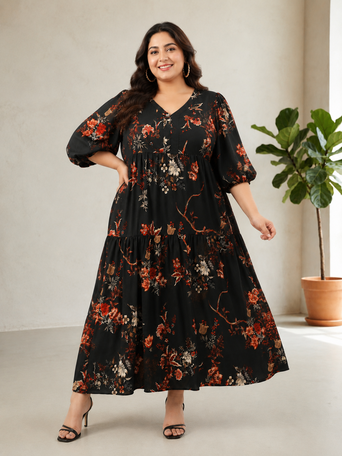 Plus Size Black Floral Print Dress