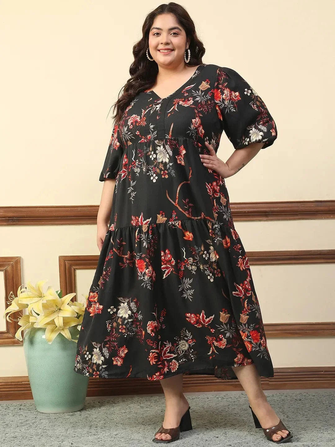 Typical Black Floral Print Short Balloon Sleeve Plus Size Women Long Maxi Dress - oxolloxo