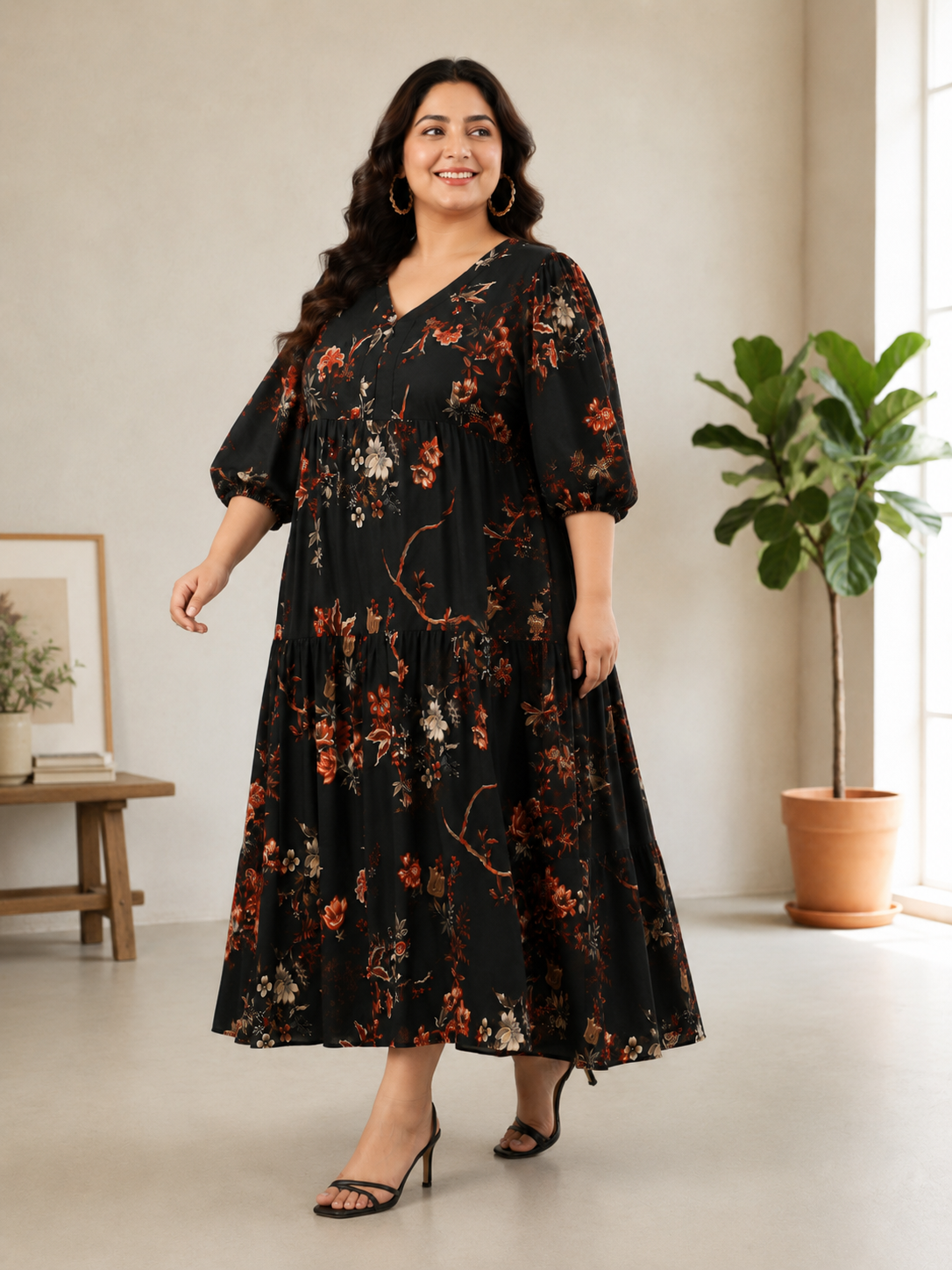 Plus Size Black Floral Print Dress