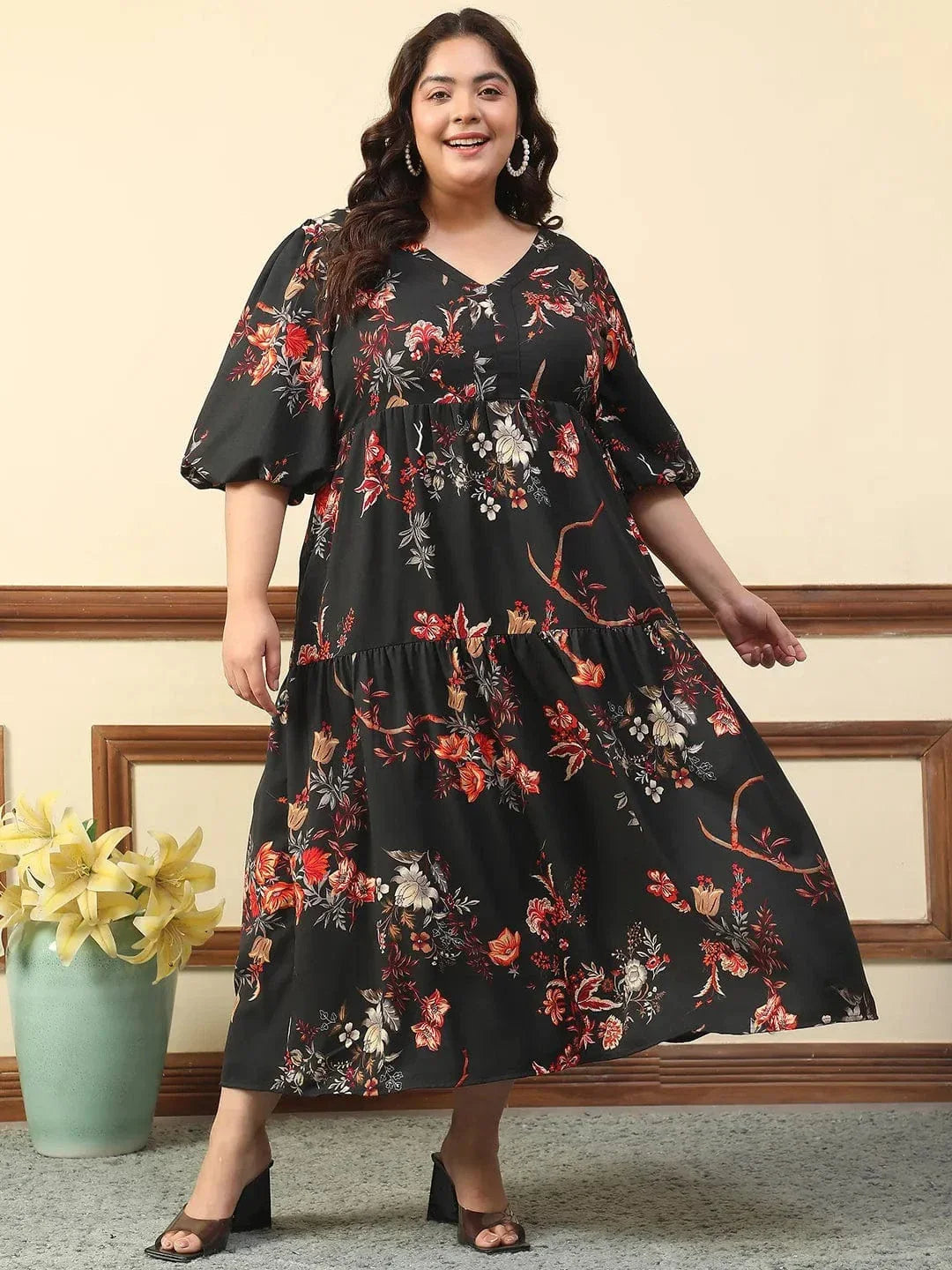 Typical Black Floral Print Short Balloon Sleeve Plus Size Women Long Maxi Dress - oxolloxo