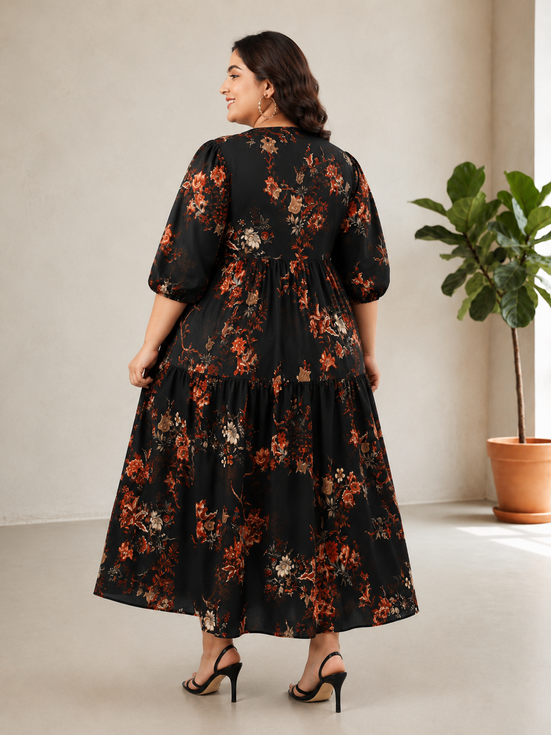 Plus Size Black Floral Print Dress