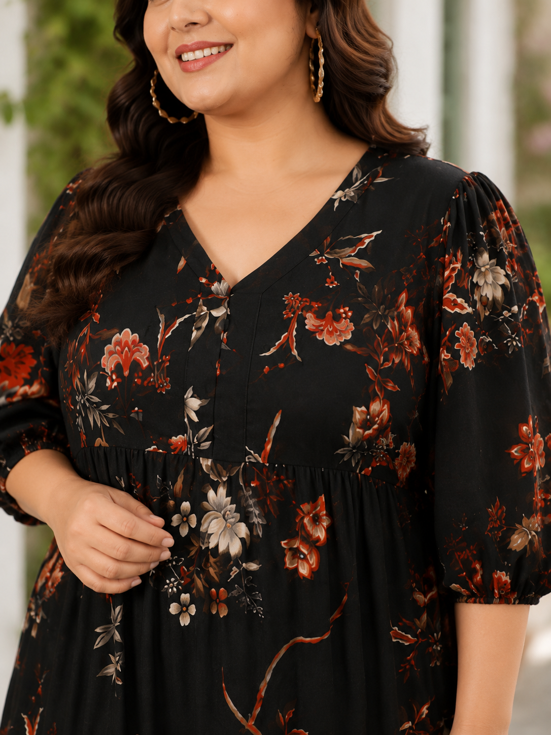 Plus Size Black Floral Print Dress