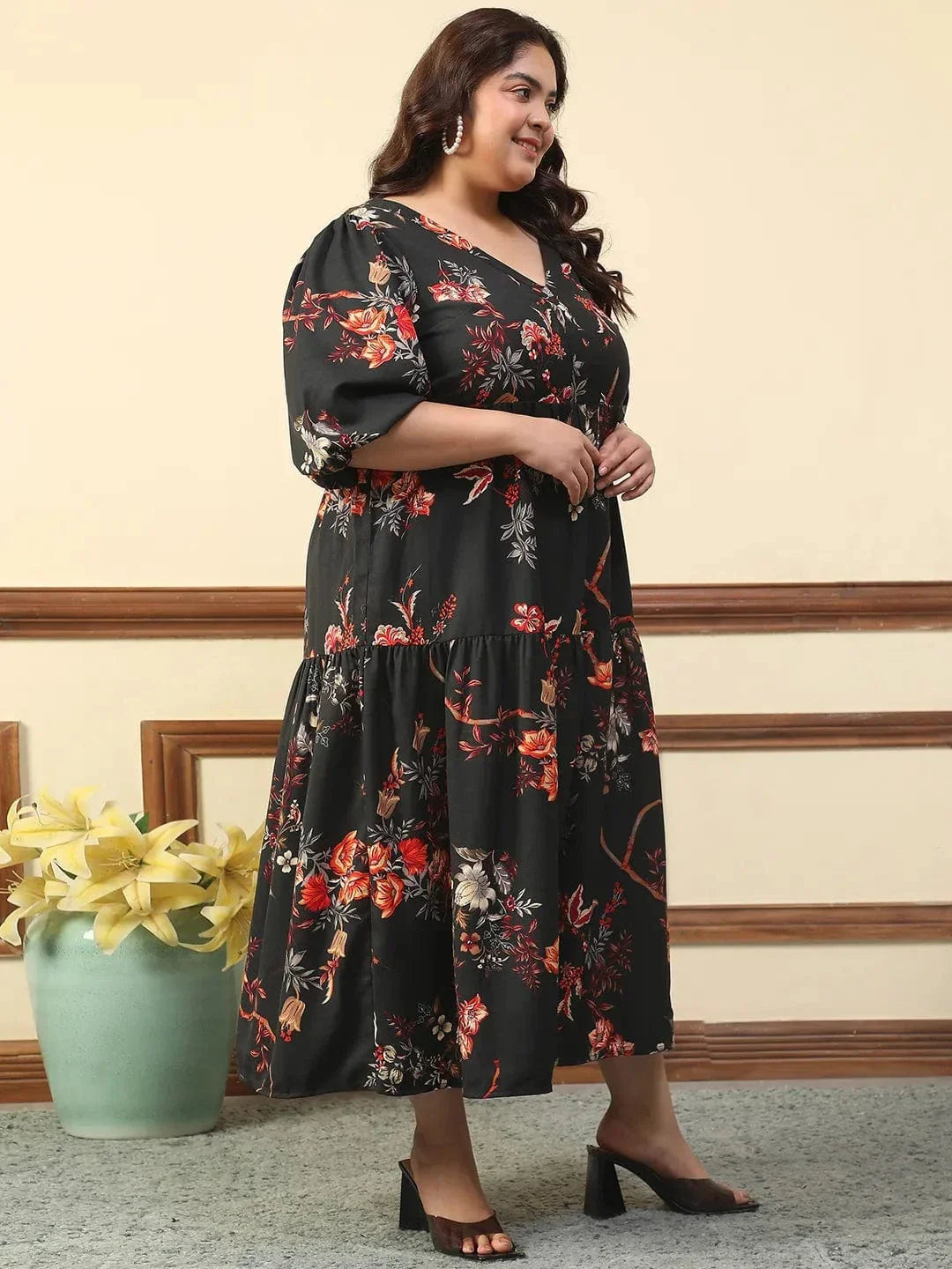 Typical Black Floral Print Short Balloon Sleeve Plus Size Women Long Maxi Dress - oxolloxo