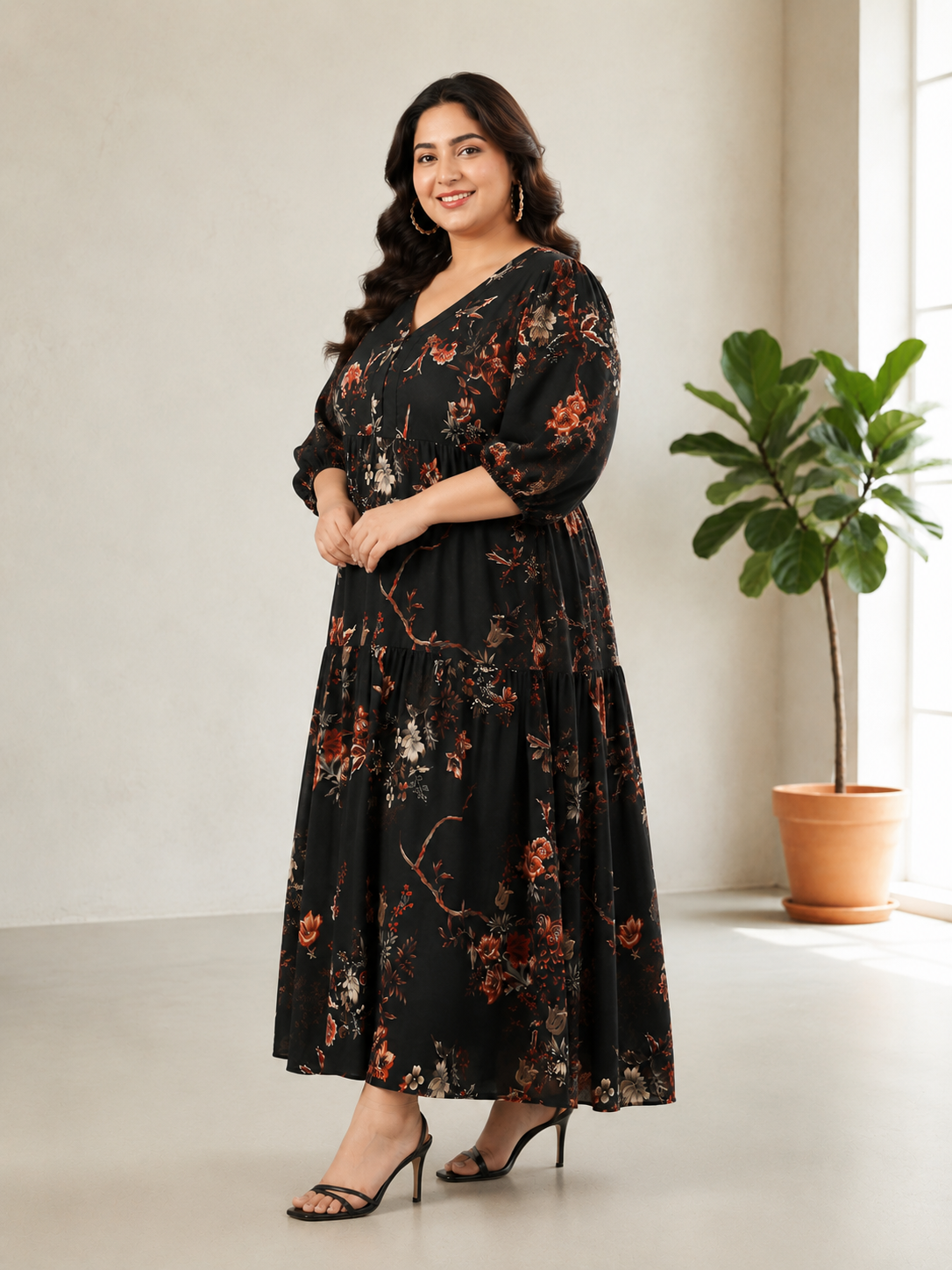 Plus Size Black Floral Print Dress