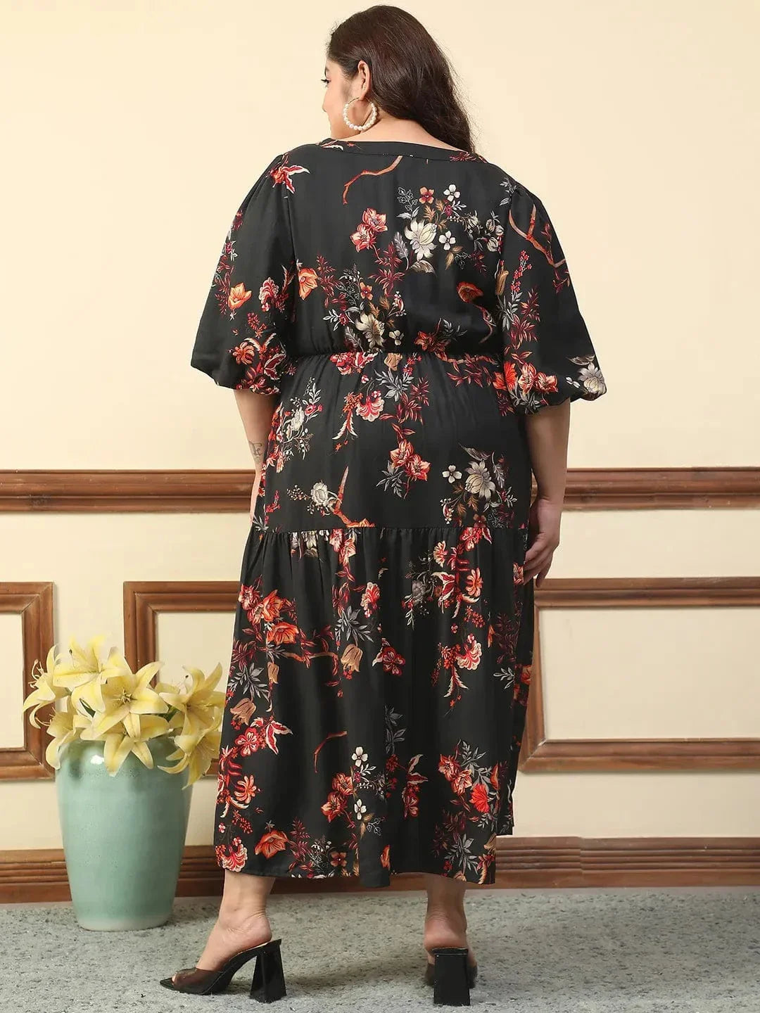 Typical Black Floral Print Short Balloon Sleeve Plus Size Women Long Maxi Dress - oxolloxo