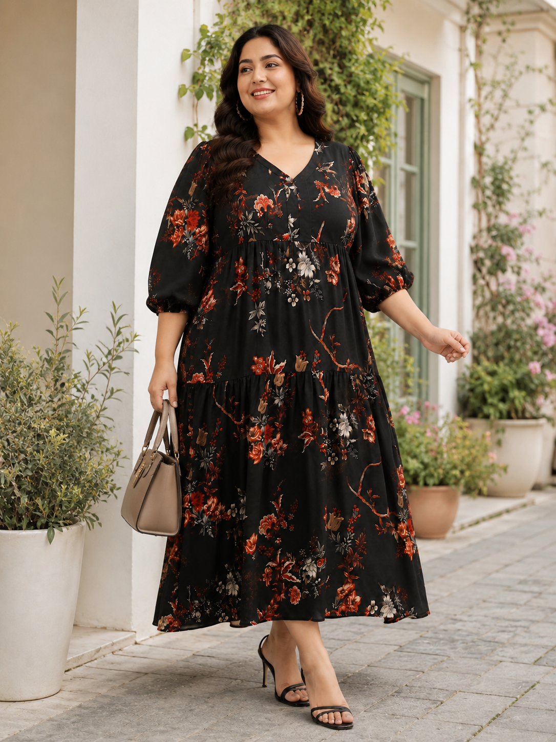 Plus Size Black Floral Print Dress