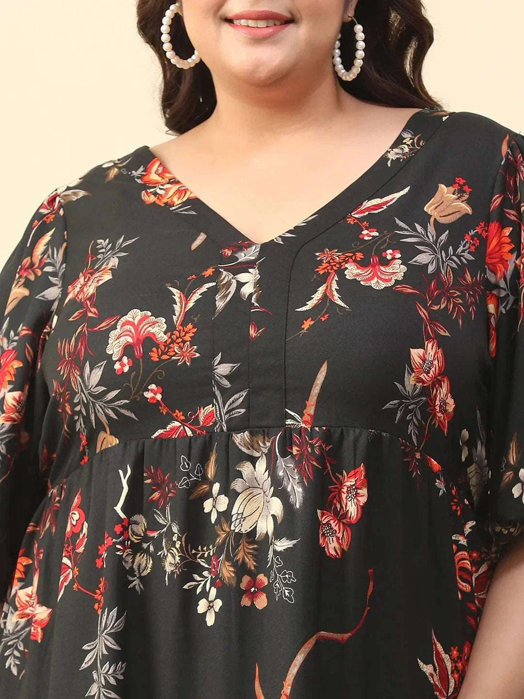 Typical Black Floral Print Short Balloon Sleeve Plus Size Women Long Maxi Dress - oxolloxo