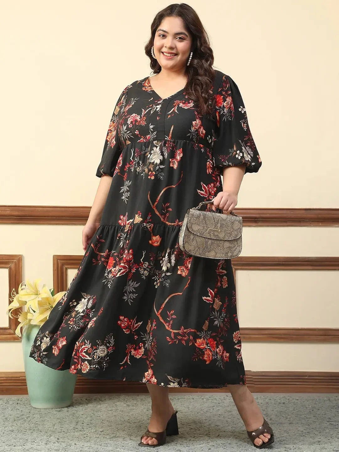 Typical Black Floral Print Short Balloon Sleeve Plus Size Women Long Maxi Dress - oxolloxo