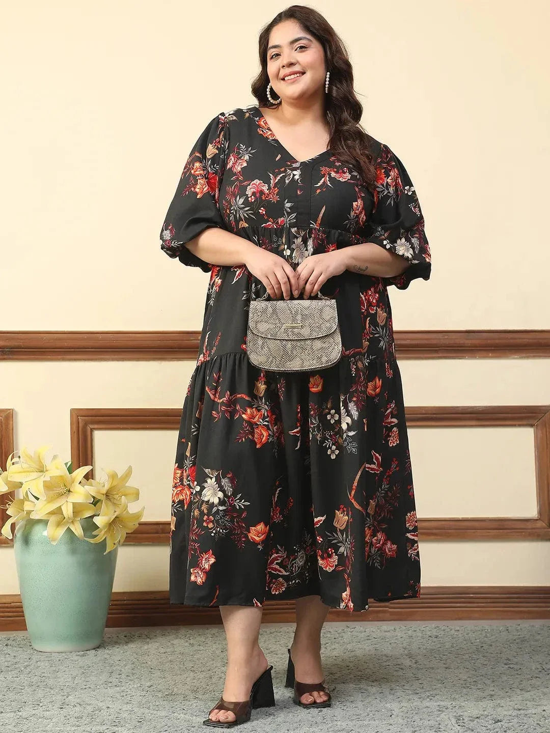 Typical Black Floral Print Short Balloon Sleeve Plus Size Women Long Maxi Dress - oxolloxo
