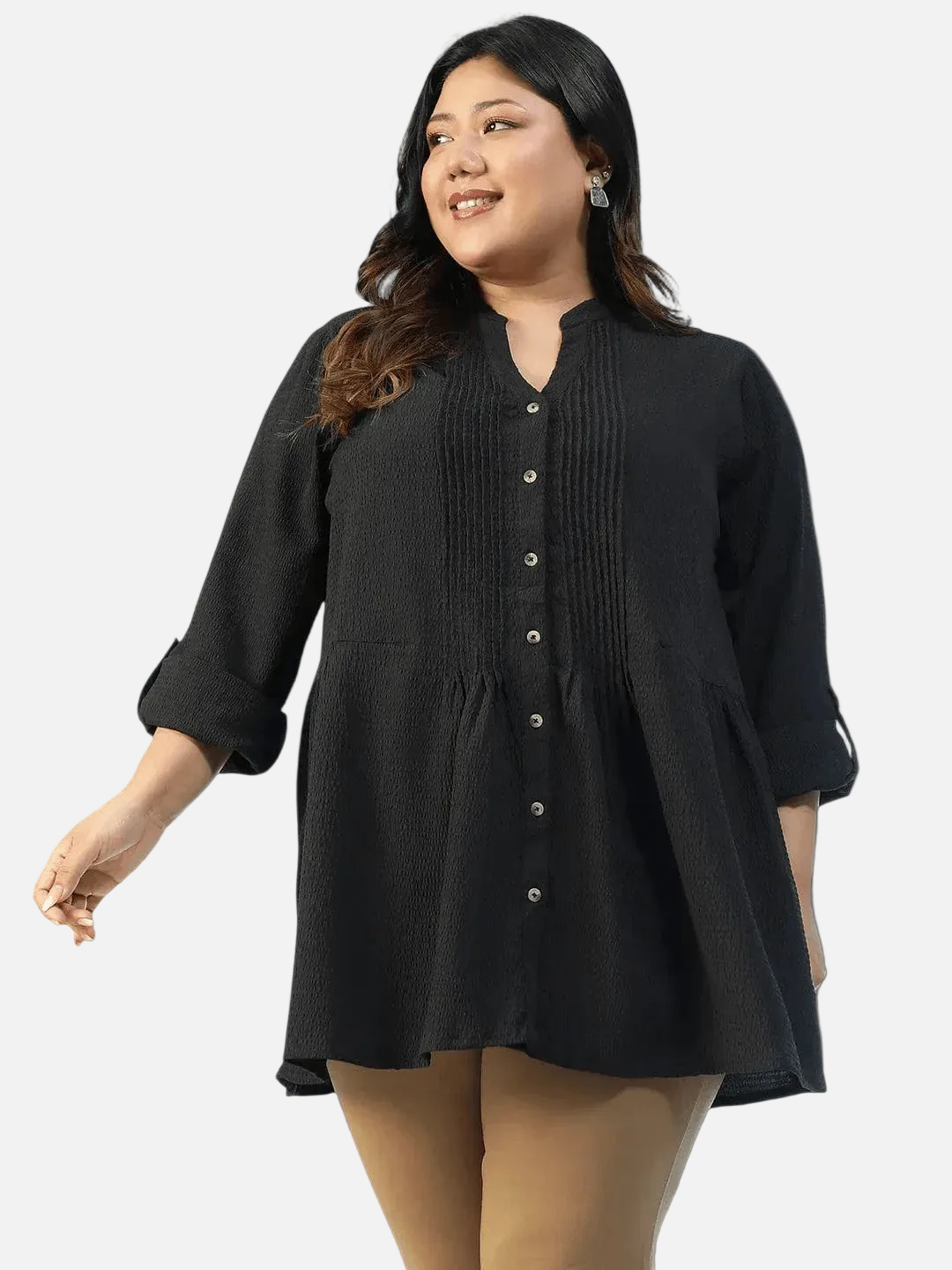 zentail-solid-black-long-sleeve-pleates-detail-button-down-plus-size-women-dobby-tunic
